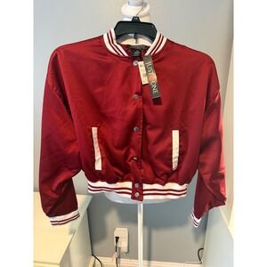 Just One Womens Plus 1X Burgundy Red Satin Varsity Bomber Jacket PJ4000 NWT